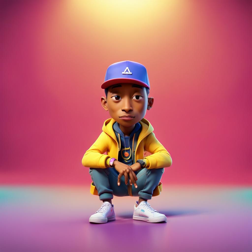 Pharrell Williams Squatting: Pixar-Style 3D Digital Art