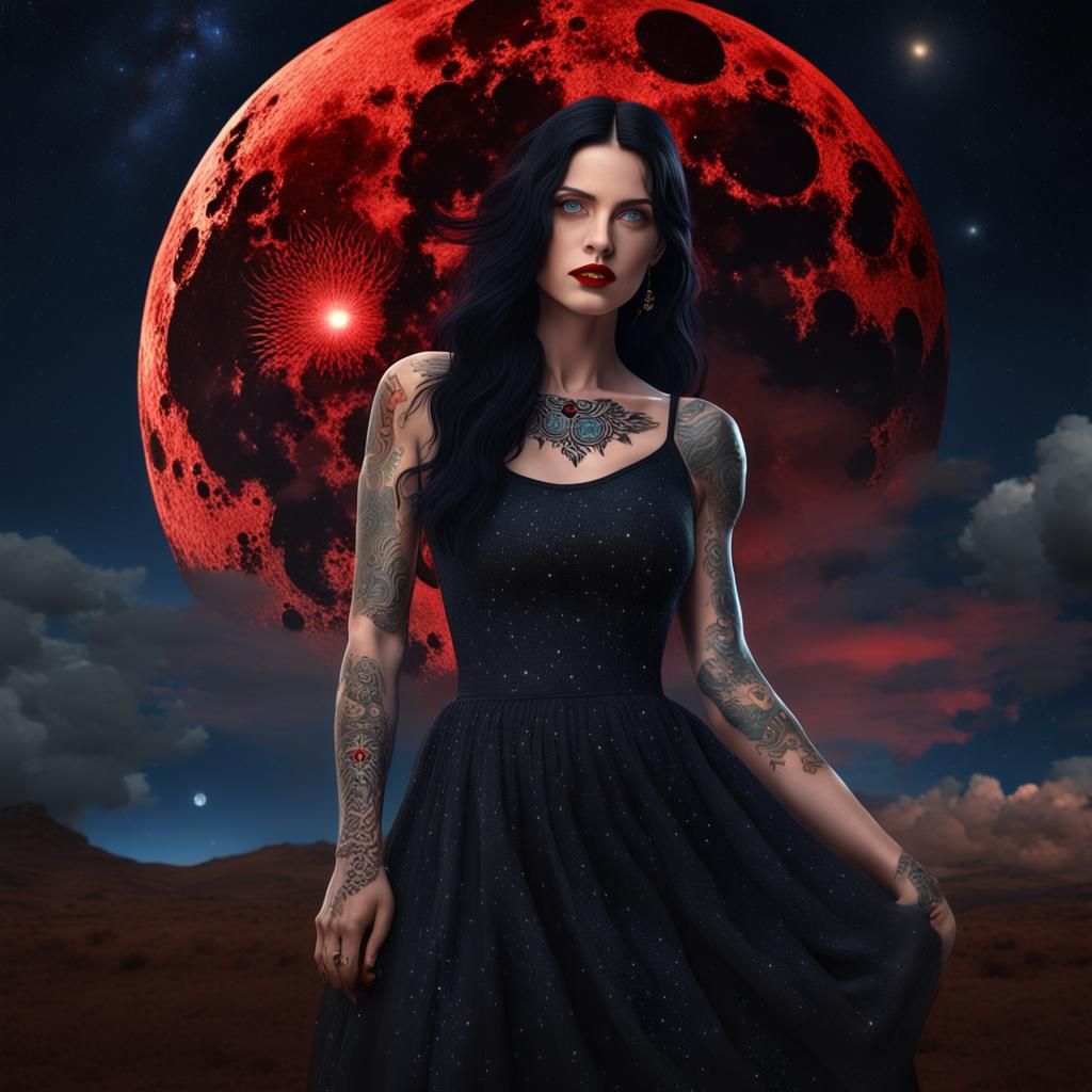 Woman with Tattoos Under Starry Sky: Photorealistic Art