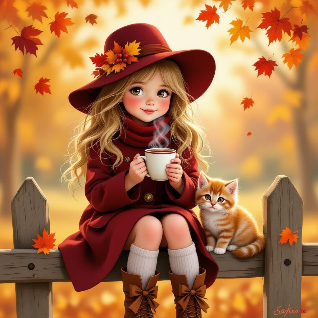 Girl in Autumn Coat with Kitten and Hot Drink
