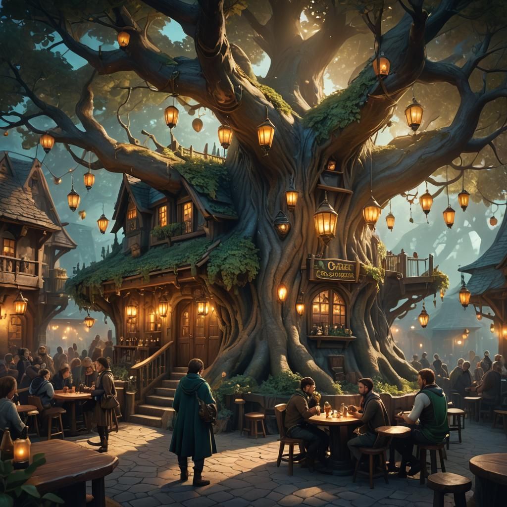 Mystical Pub in Hollow Tree: Fantasy Concept Art