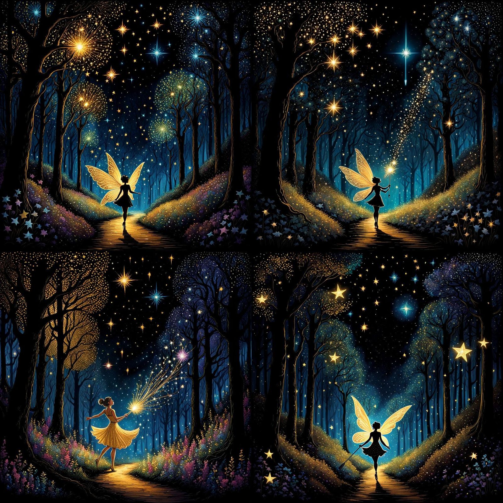 Beautiful pixie scattering pixie dust in the magical forest
