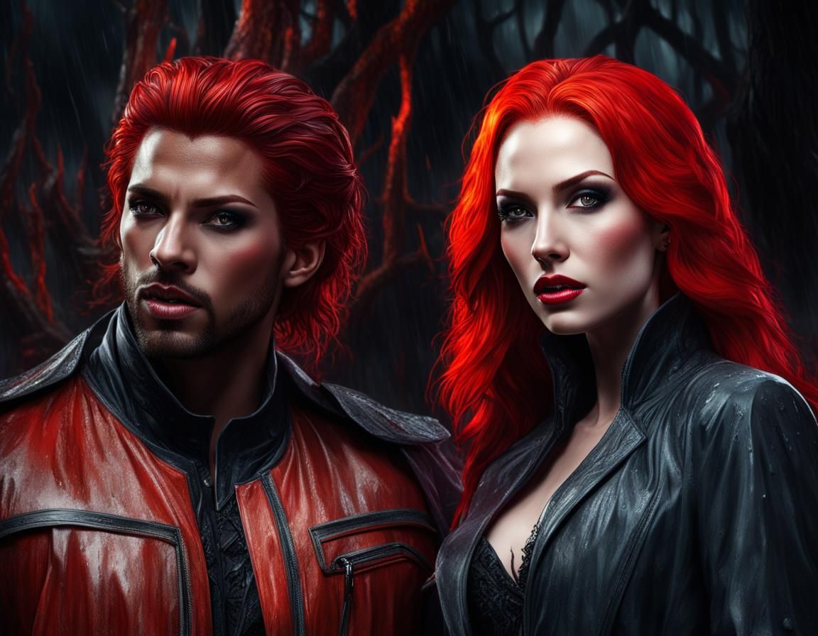 Redhead and Black Vampire in Rainy Forest