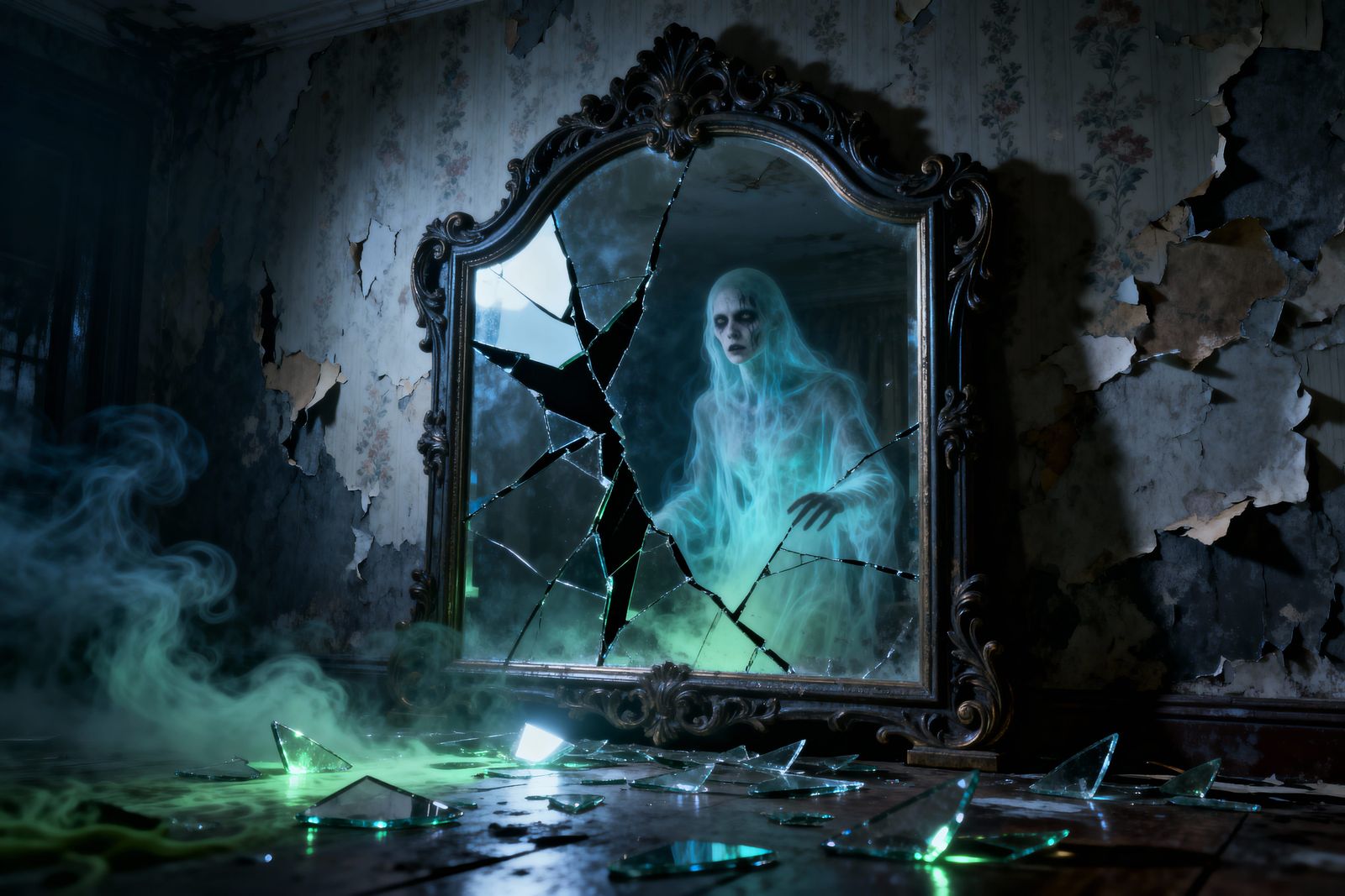 Cracked Gothic Mirror Reflects Eerie Ghostly Visage