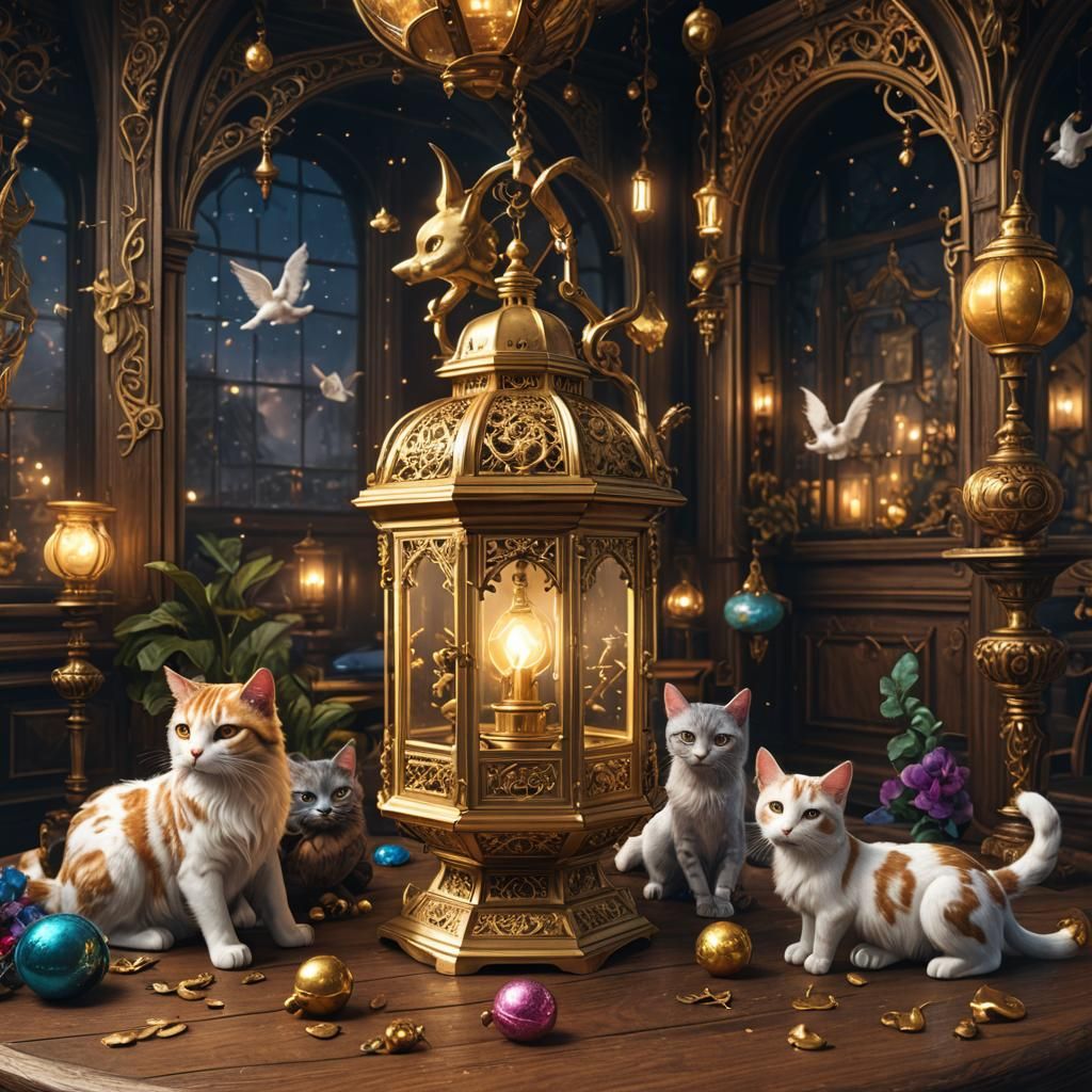 Victorian Lantern with Cats and Unicorns