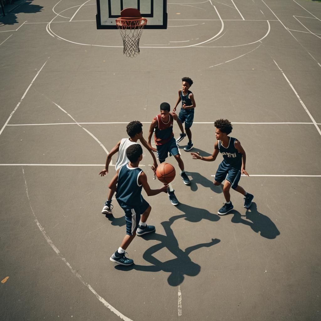 Boys Playing Basketball: Cinematic Film Still
