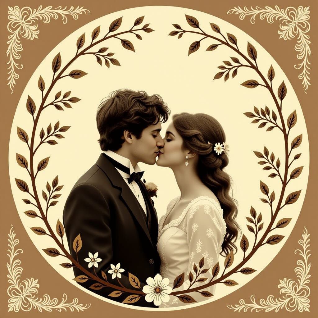 Victorian Couple Kissing in Sepia Floral Frame