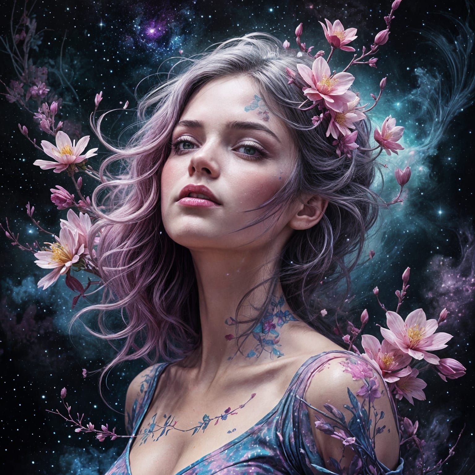 Woman Emerging from Blossoms in Surreal Digital Art