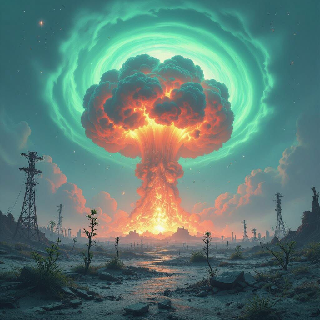 Bioluminescent Mushroom Cloud Over Alien Wasteland