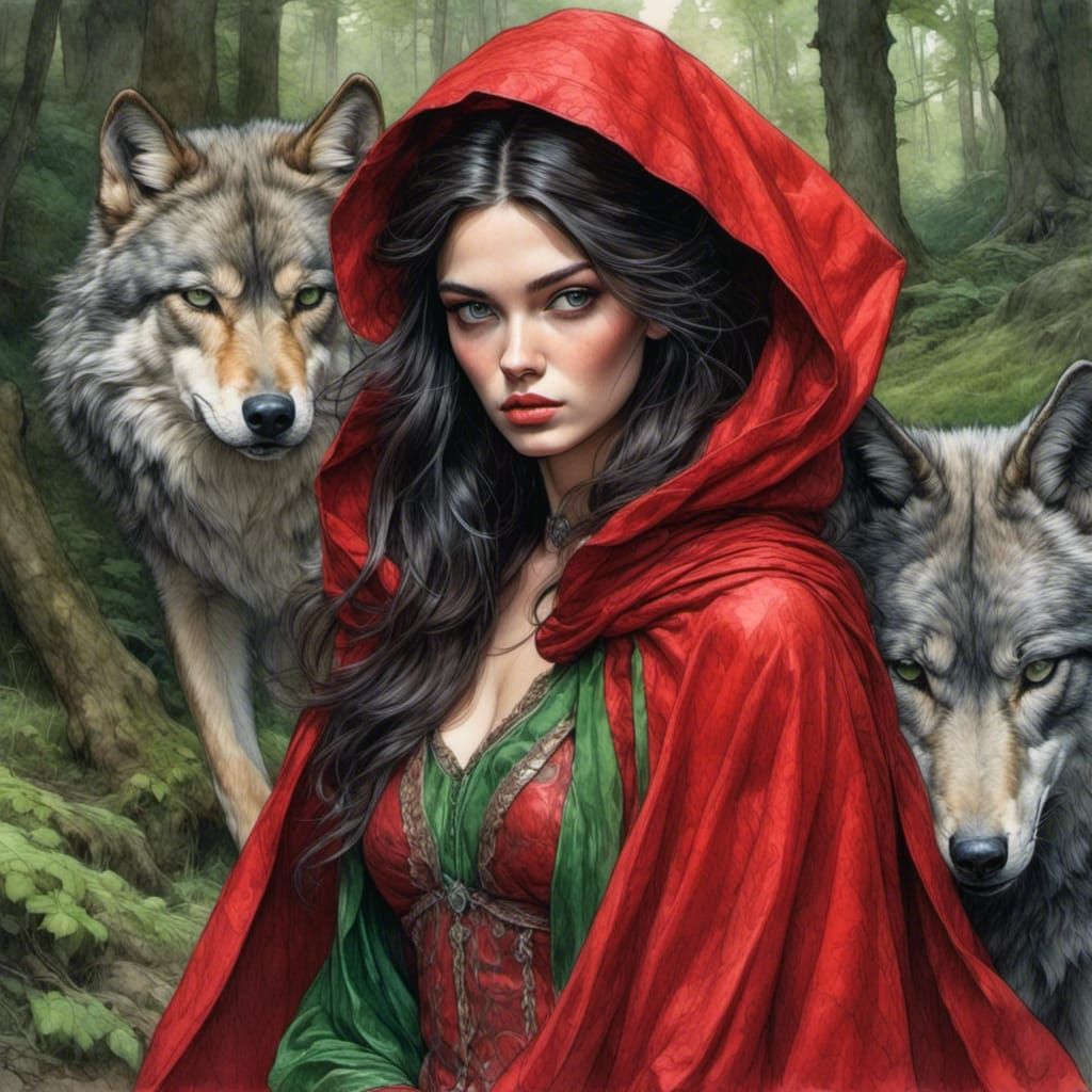 Red Riding Hood with Wolf in Enchanted Forest