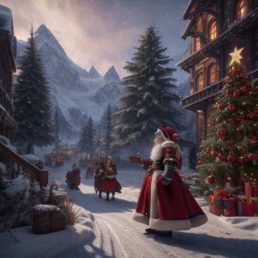 Christmas Girl with Santa Claus Celebration: Fantasy Art