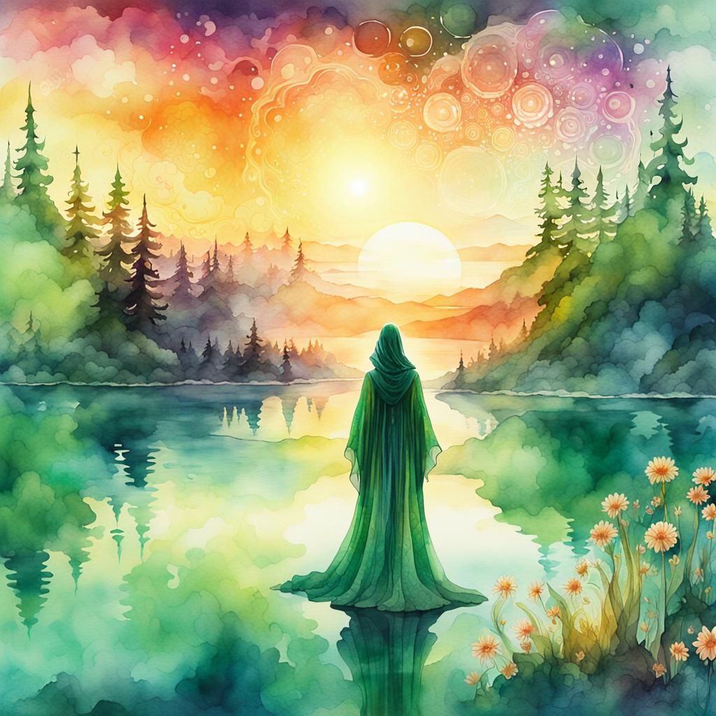 Green Witch Summerscape: Double Exposure Watercolor Art