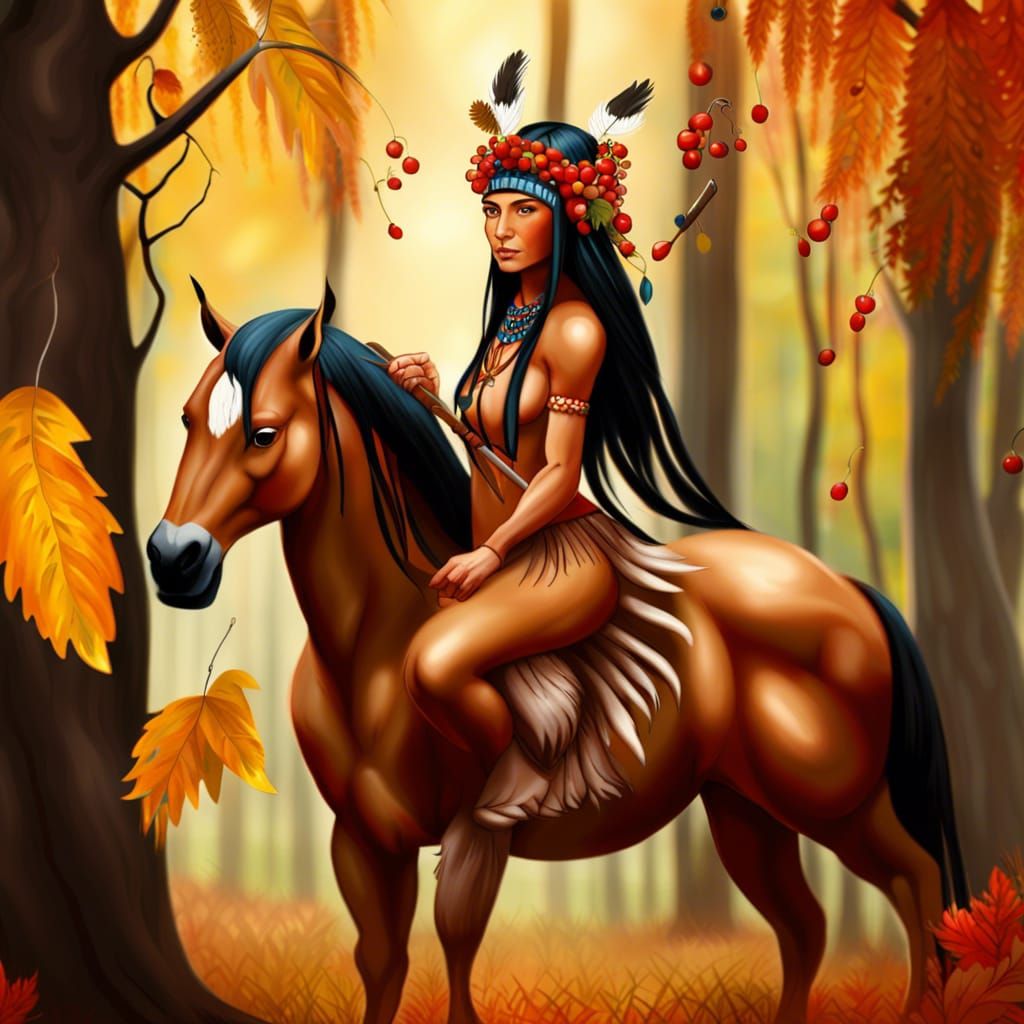 Native American Centaur Gathering Berries in Autumn