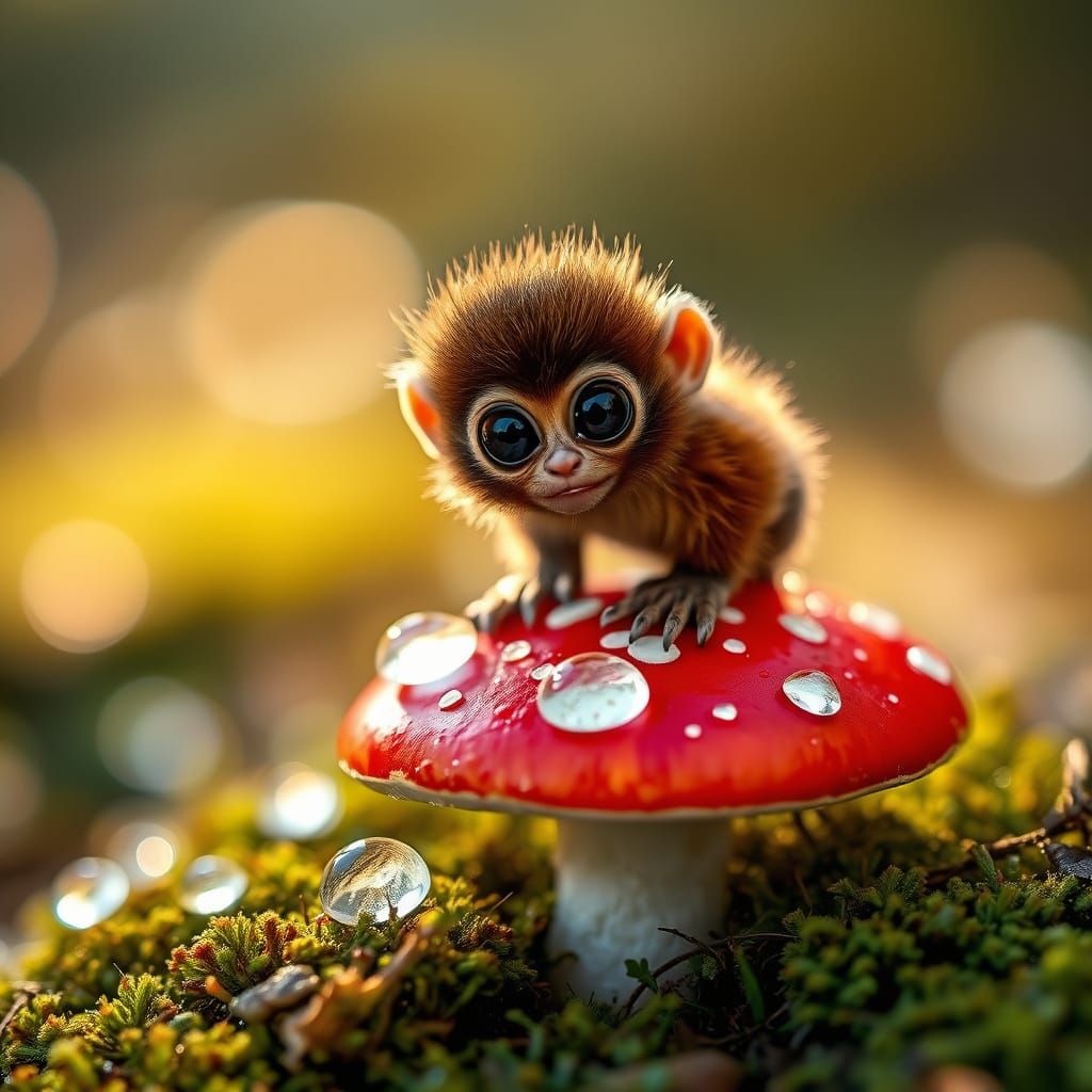 Macro Photo of Tiny Monkey on Mushroom at Dawn