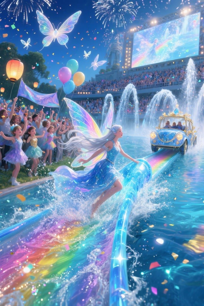 Magical Fairy Slides Down Colorful Waterslide in Aqua Park