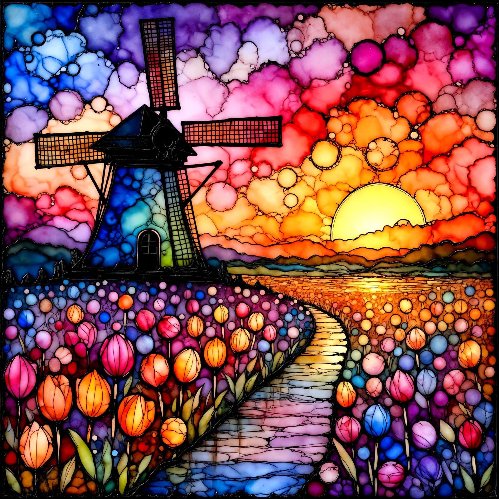 Windmill Sunset in Tulip Field with Alcohol Ink Splash