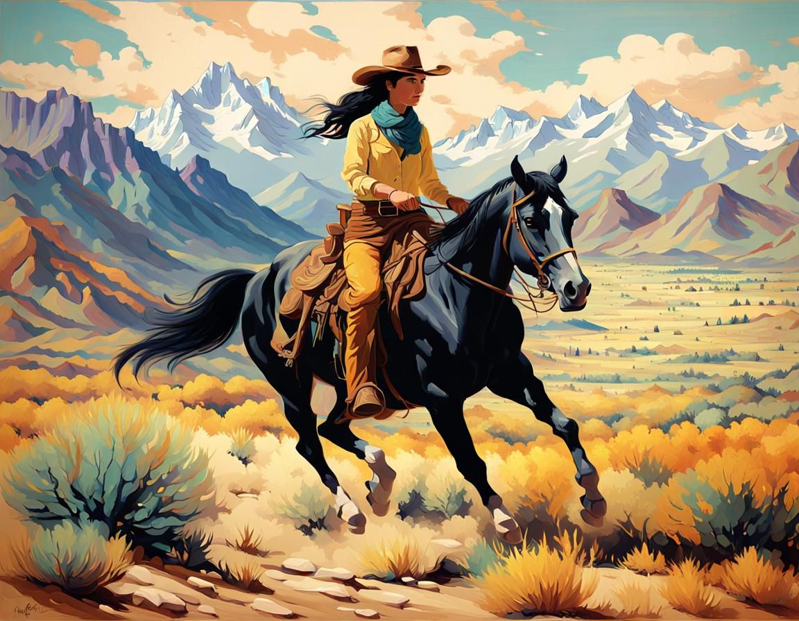 Cowgirl on Palomino Horse in a Screen Print Style