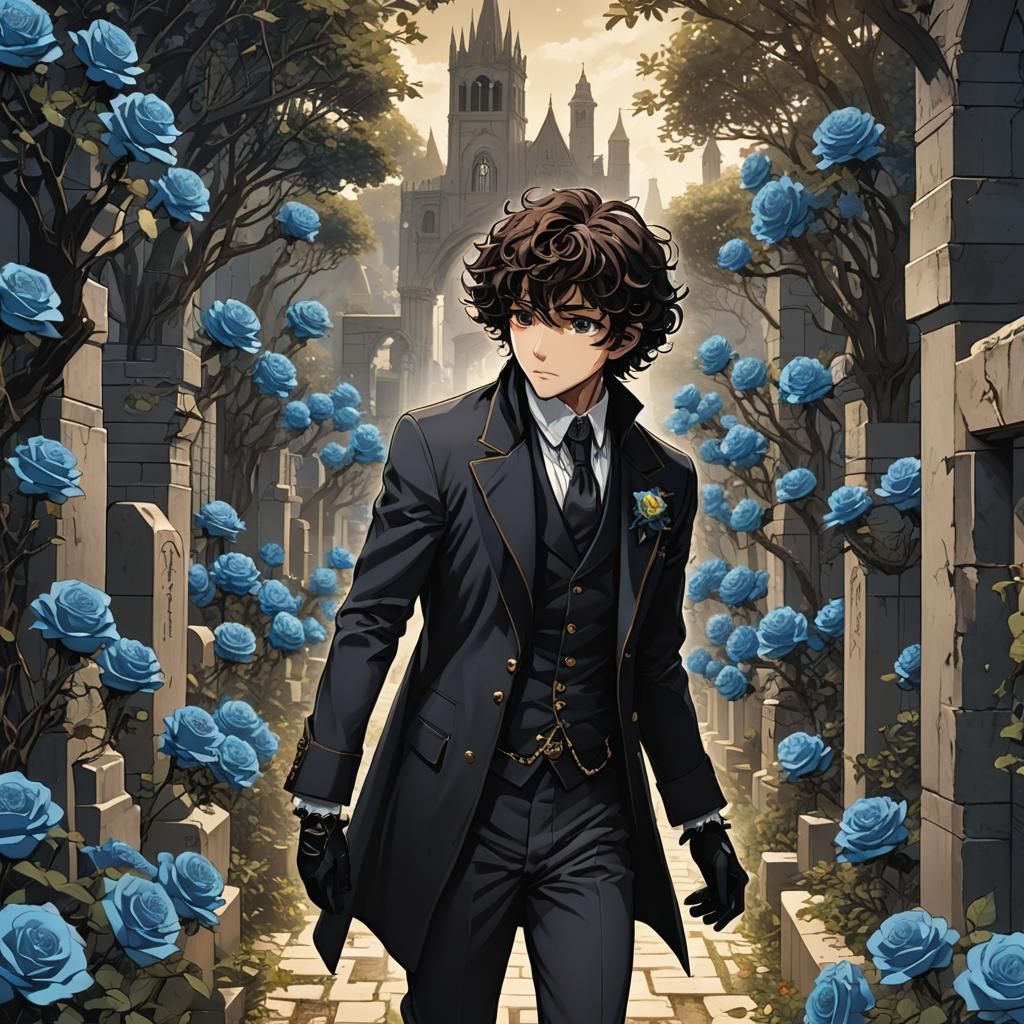 Anime Boy in Thorns with Blue Roses