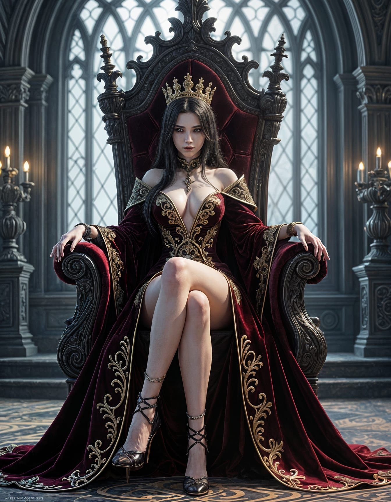 Gothic Vampire Queen on Throne in Anime Style