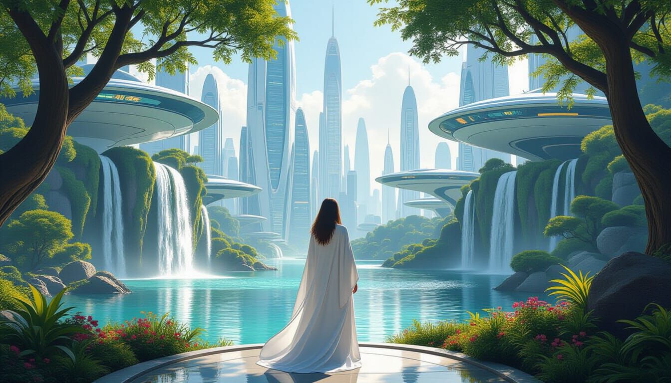 Utopian Frutiger Cityscape with Serene Woman