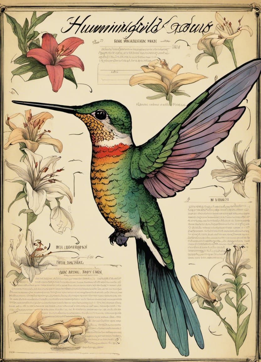 Hummingbird Grimoire Page in Art Nouveau Style