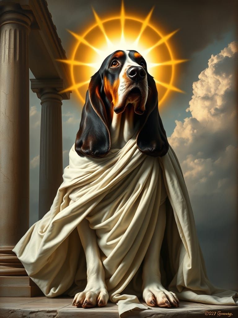 Basset Hound as Greek God in Old Masters Oil Painting