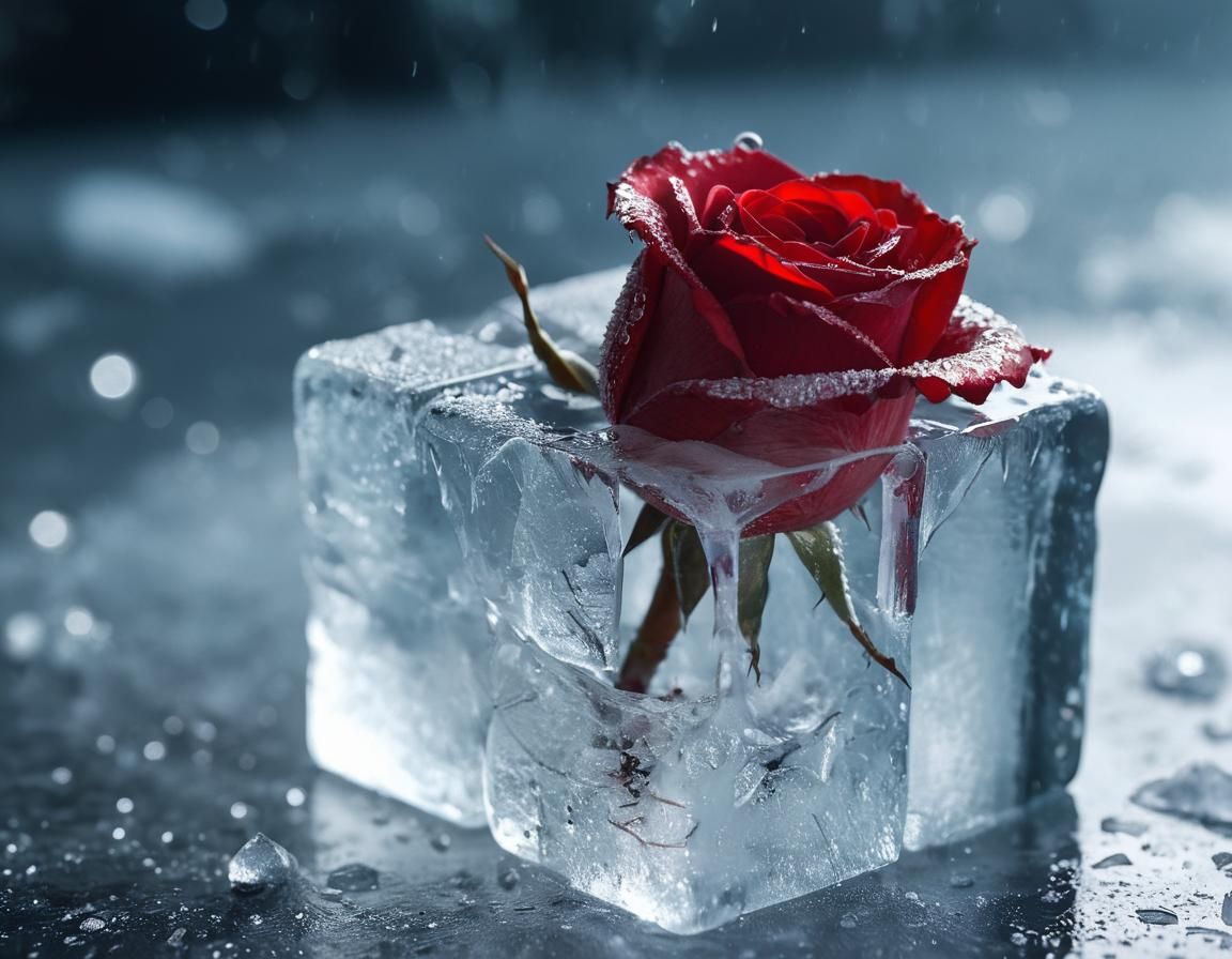 red rose breaking through a cube made of ice