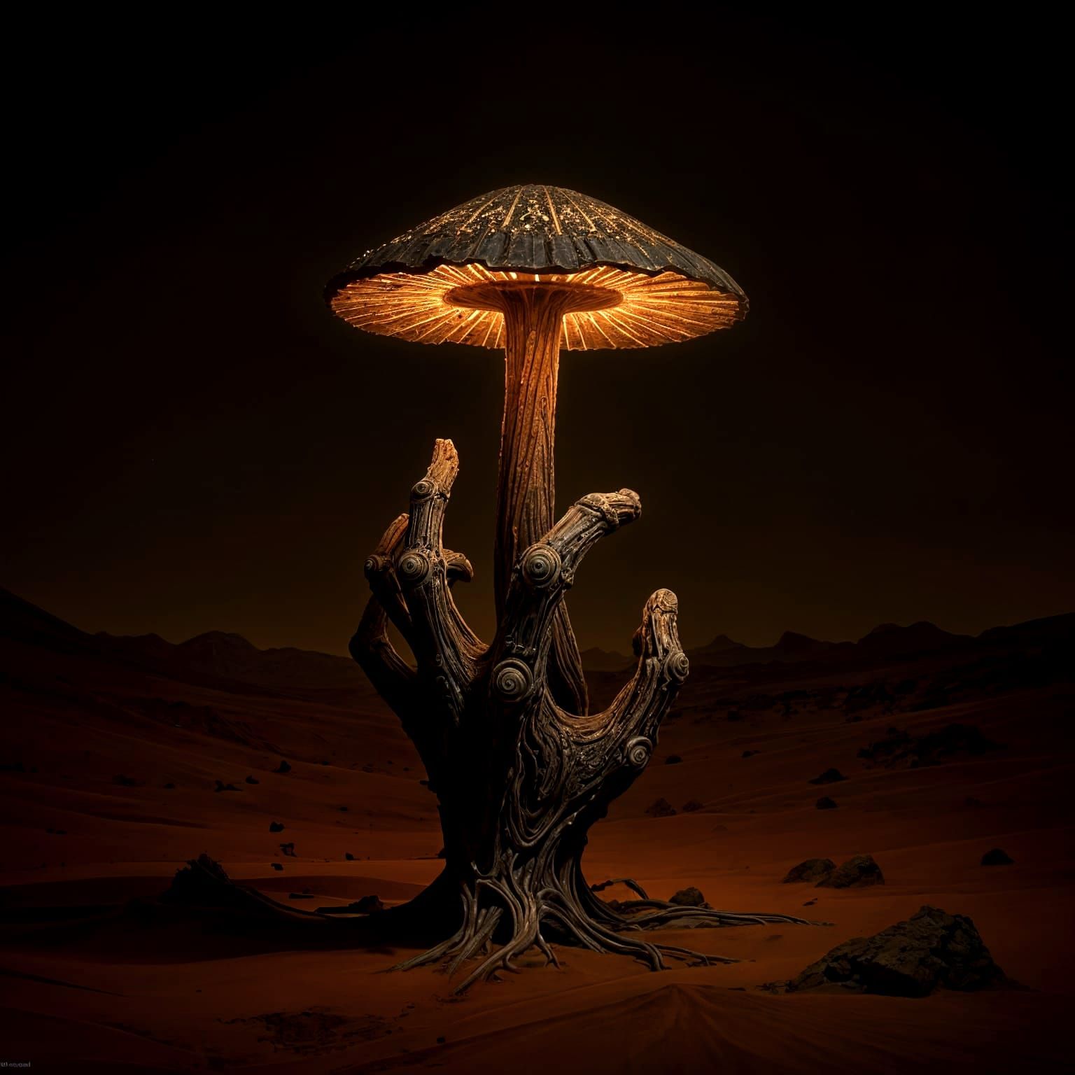 Bioluminescent Fungus on Decaying Hand, Giger-esque Style