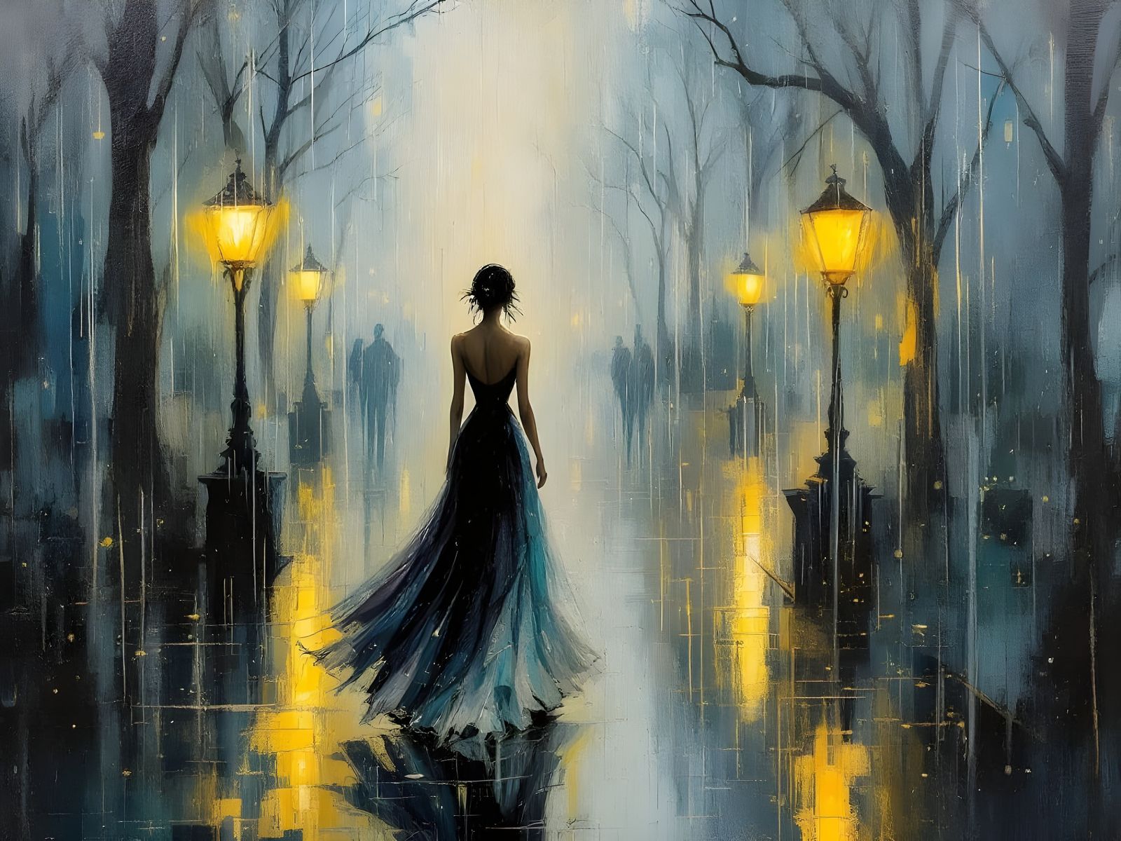Elegant Woman Walks in Central Park Rain in Surreal Art