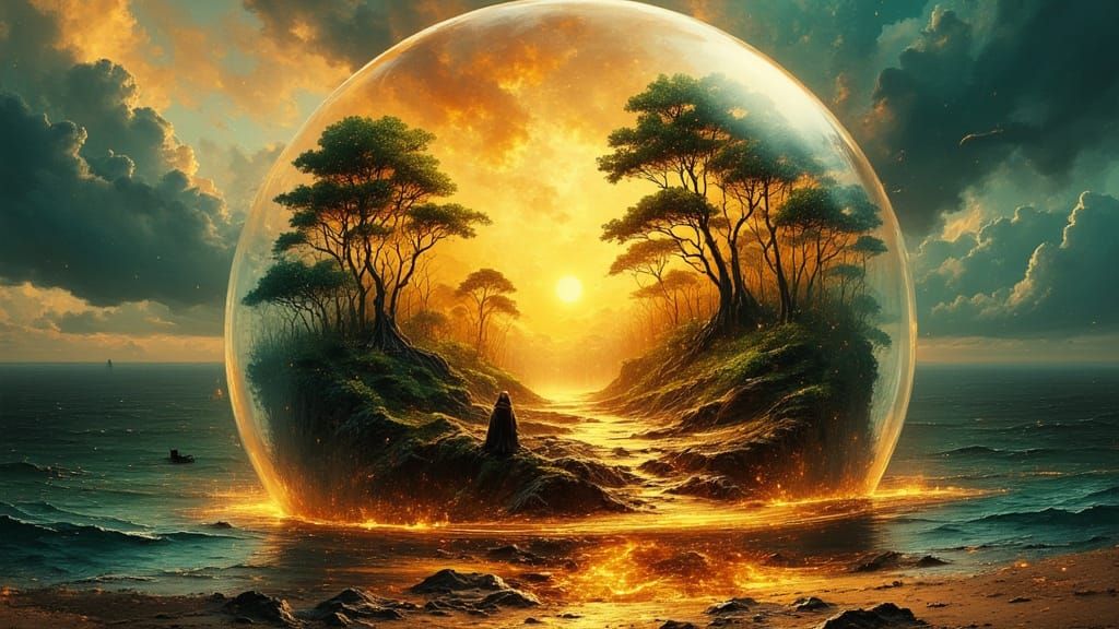 Glowing Glass Sphere with Burning Jungle, Hyperrealistic Sty...