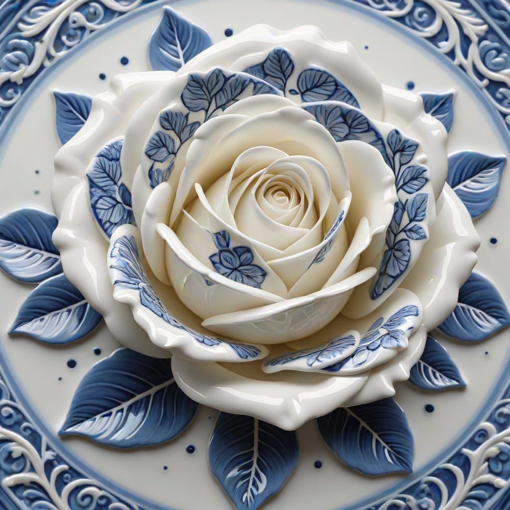 Photorealistic Porcelain Rose with Blue Floral Design