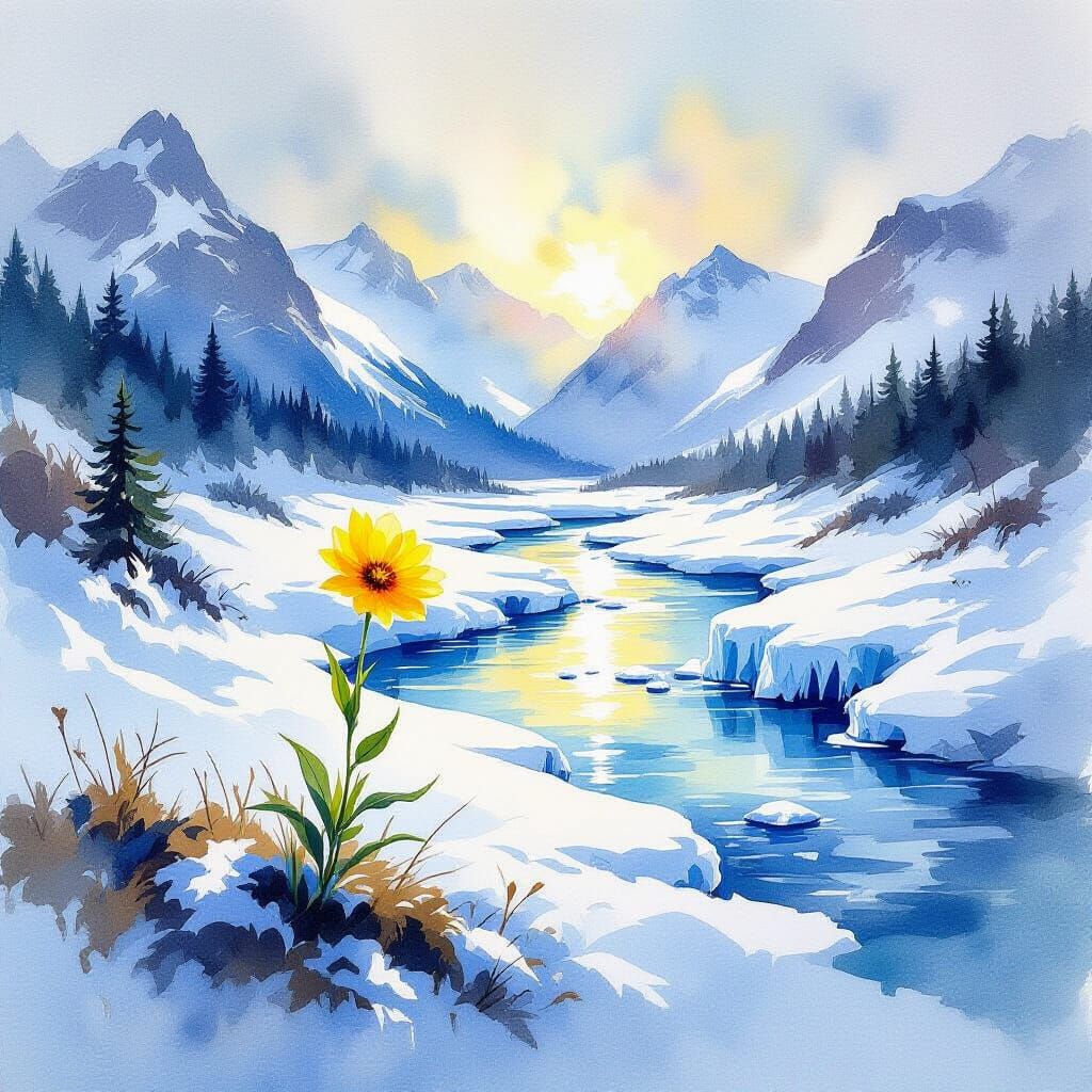 Wild Yellow Flower Beside Icy River in Watercolor Style