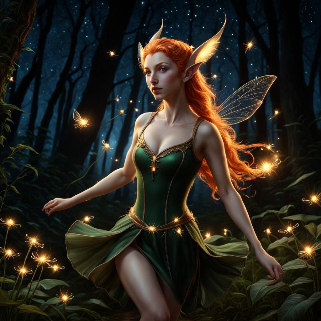 Ginger Elf Dancing with Fireflies in Chiaroscuro