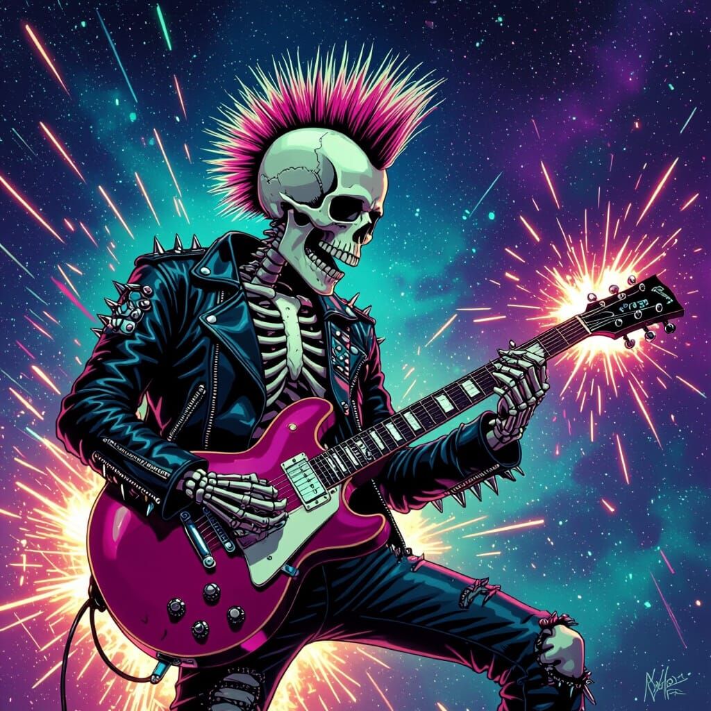 Skeleton Guitarist in Cosmic Splash Art Style