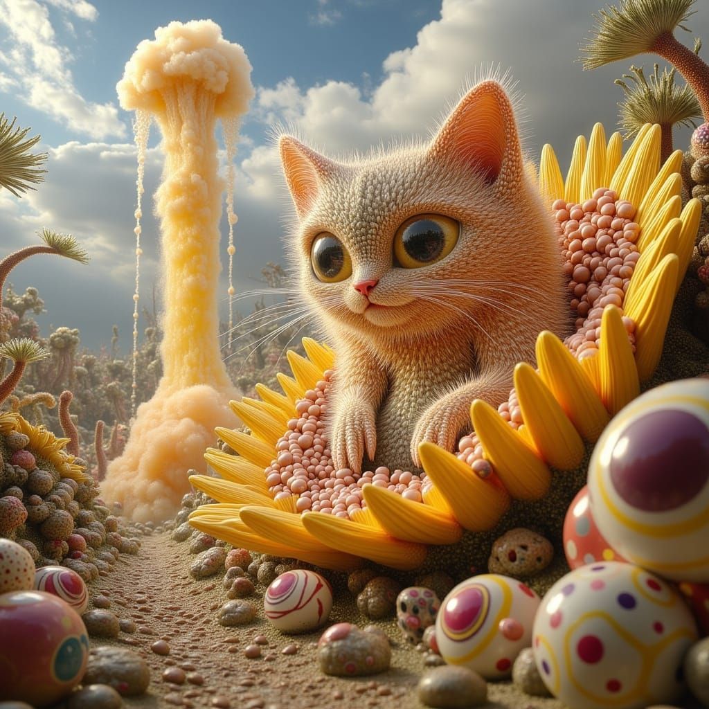 Whimsical Baby Dragon-Cat Surrounded by Vibrant Sunflower an...