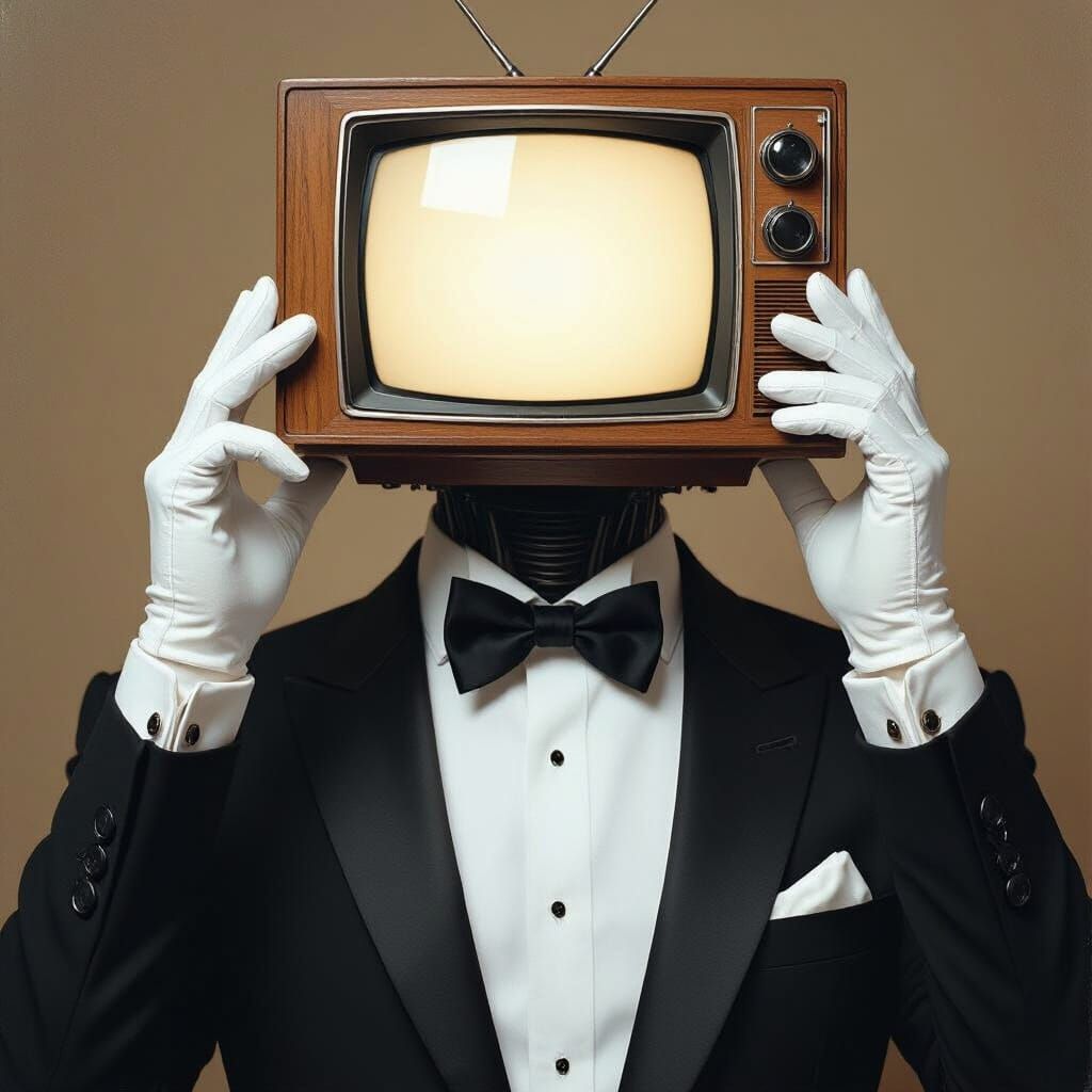 Surreal Tuxedo Man with TV Head, Retro-Futuristic Art