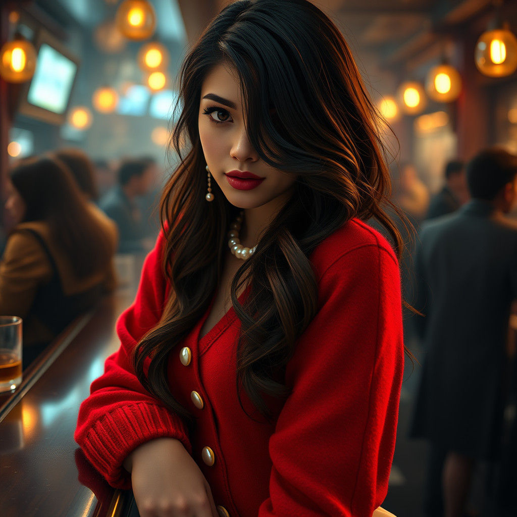 Brunette in Red Cardigan at Crowded Bar, Detailed Matte Pain...