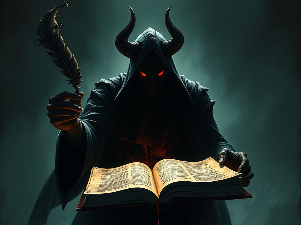 Shadowy Figure With Red Eyes Wields Ink Quill