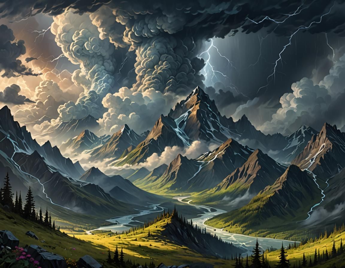 Alaska Thunderstorm in Art Nouveau Style