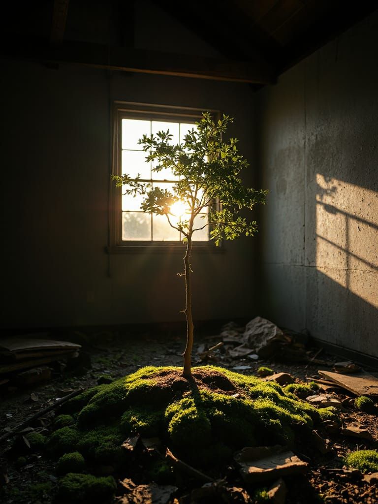 Oak Sapling in Abandoned Attic: Watercolor Painting