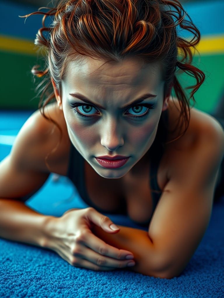 Stunning Woman with Blue Eyes in Gym, Photorealistic