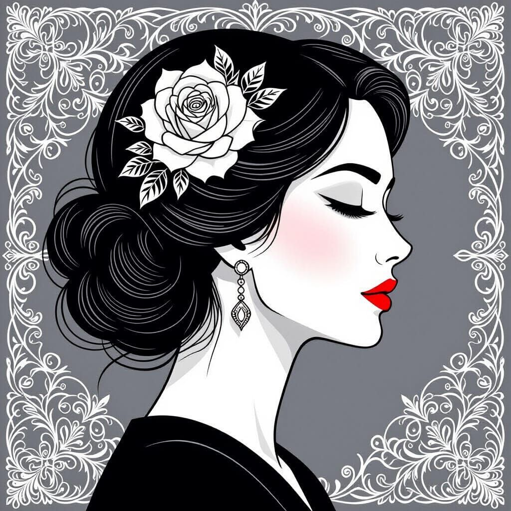 Elegant Face Profile with Damascus Rose Hair Accessory