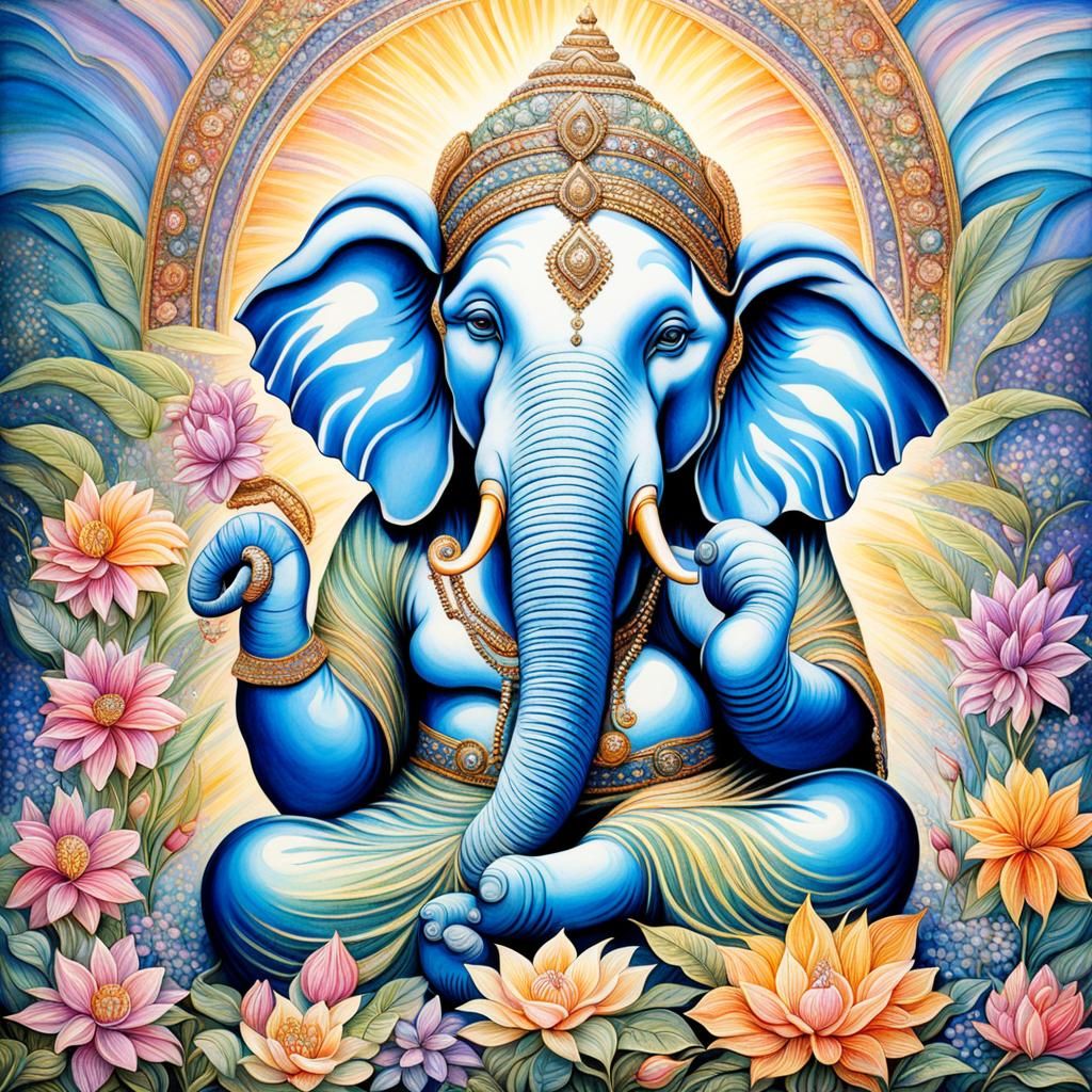 Ganesha Among Flowers in Art Deco Style