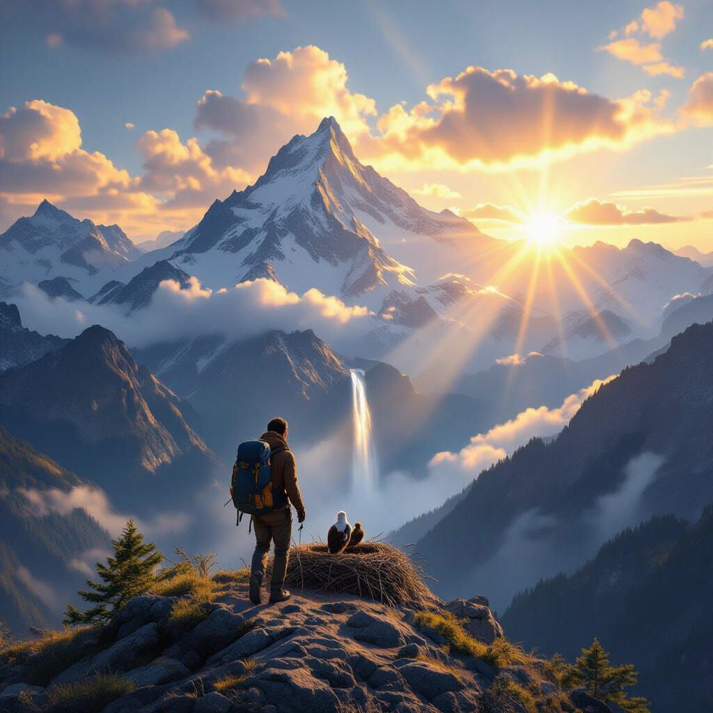 Hiker on Mountain with Waterfall, Eagle, and Sunbeams