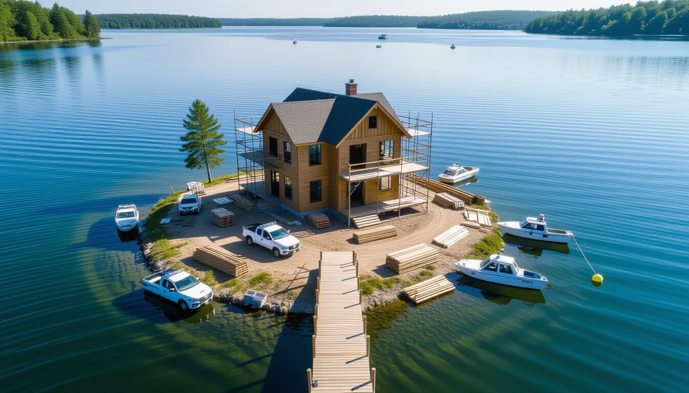 Island House Construction: Aerial View with Police Presence