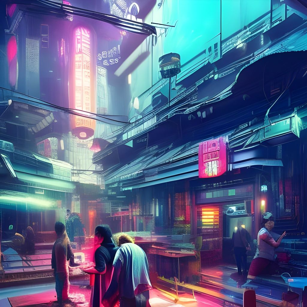 Android in Cyberpunk Bar with Neon Lights