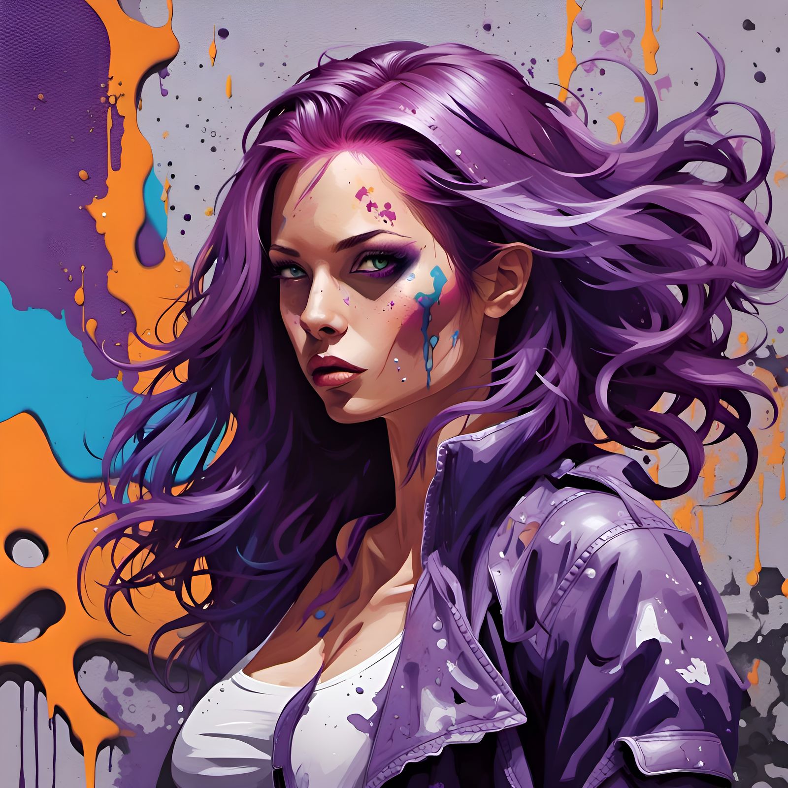 Purple-Haired Superheroine in Graffiti Art Style