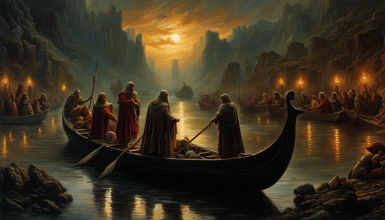 River Styx: Sinister Religious Artwork in Oil Painting Style