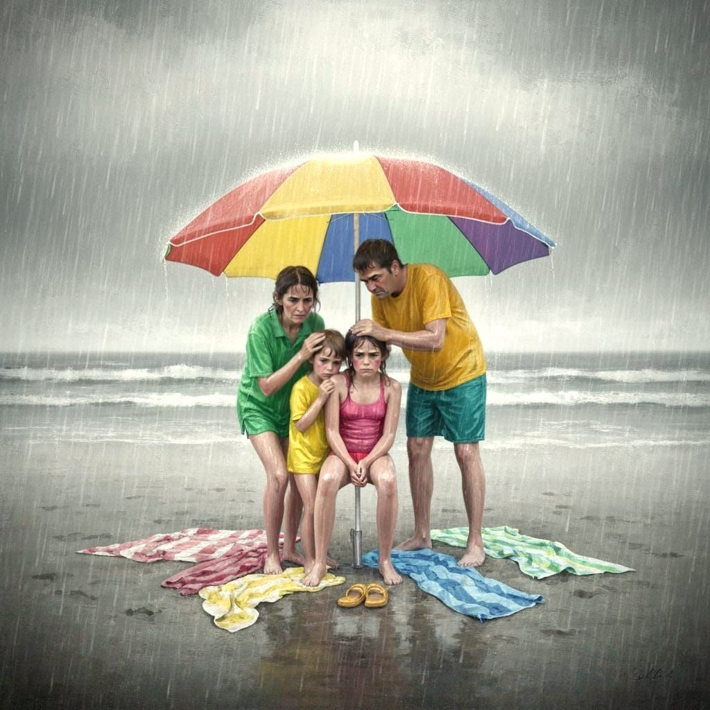 Rainy Beach Day: Family Under Colorful Umbrella, Oil Paintin...