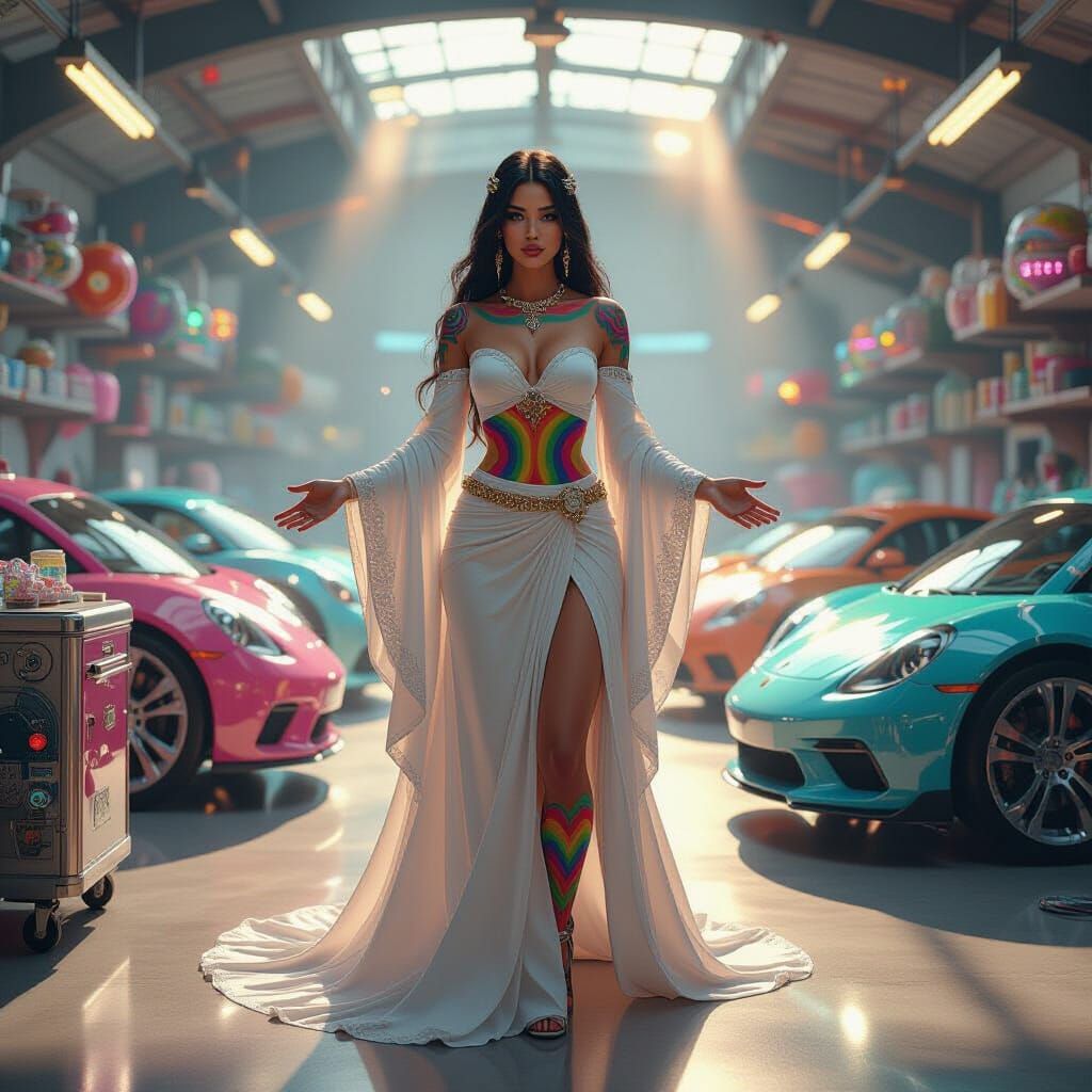 Goddess in a Bioluminescent Garage: Hyperdetailed 8k Render