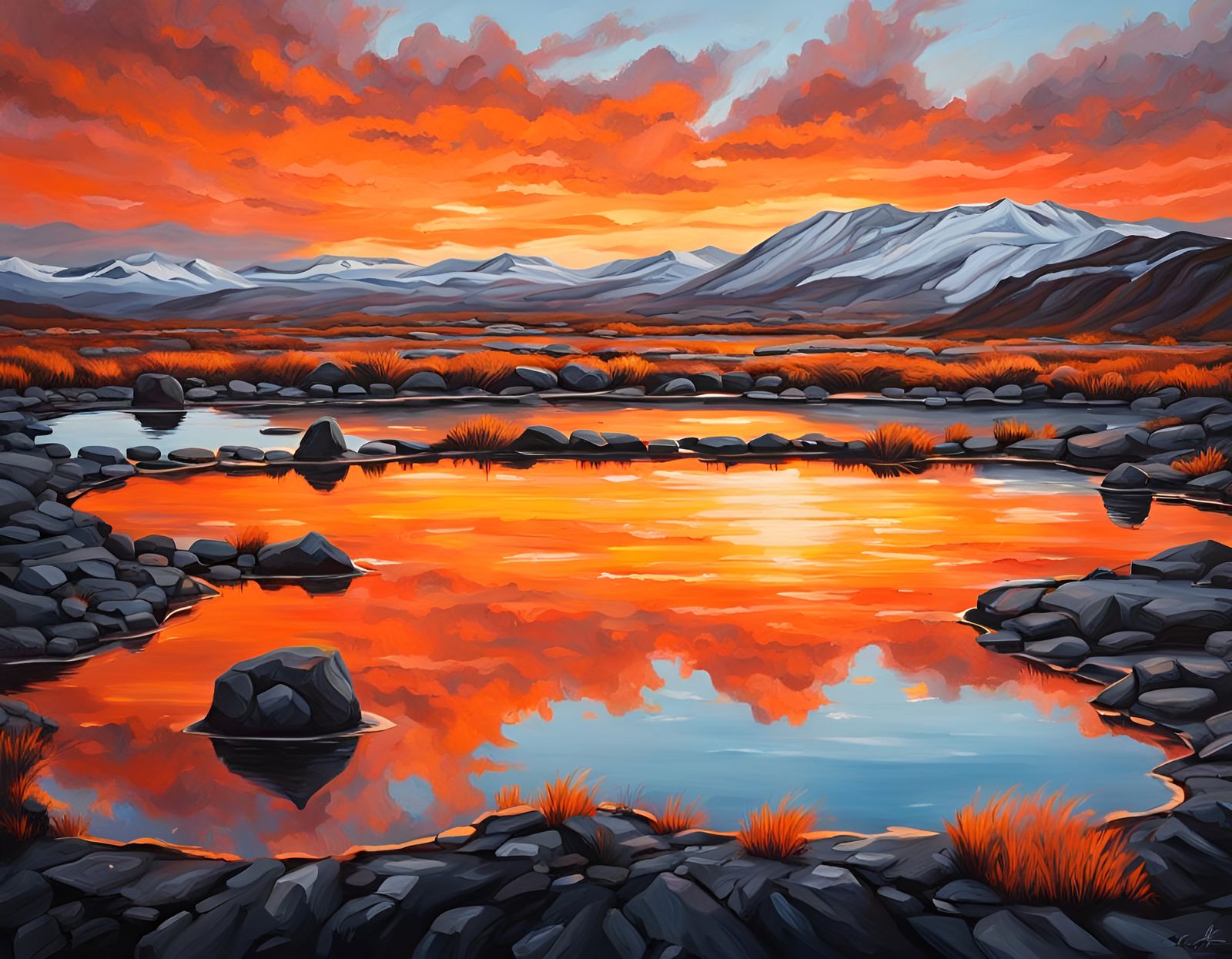 Iceland Thermal Spring at Sunset: Oil Painting